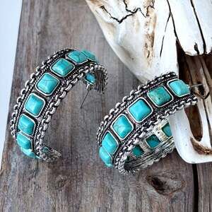 Western Turquoise-Color Stone Open Hoop Earrings, 1.75 Inch
